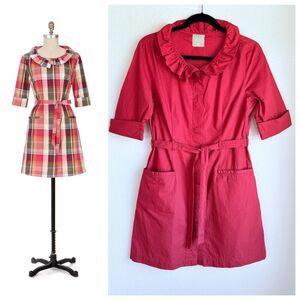 Anthropologie Little Yellow Button With a Flourish Ruffle Neck Red Shirt Dress